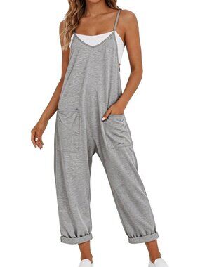 Women's Gray Summer V Neck Sleeveless Adjustable Straps With 2 Pockets Rompers